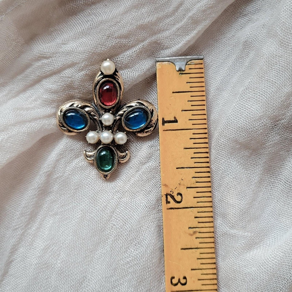 Vintage‎ 80s Fleur De Lis Brooch Gold Tone Cabochon Acrylic Jewels Glam Unisex - Picture 5 of 6